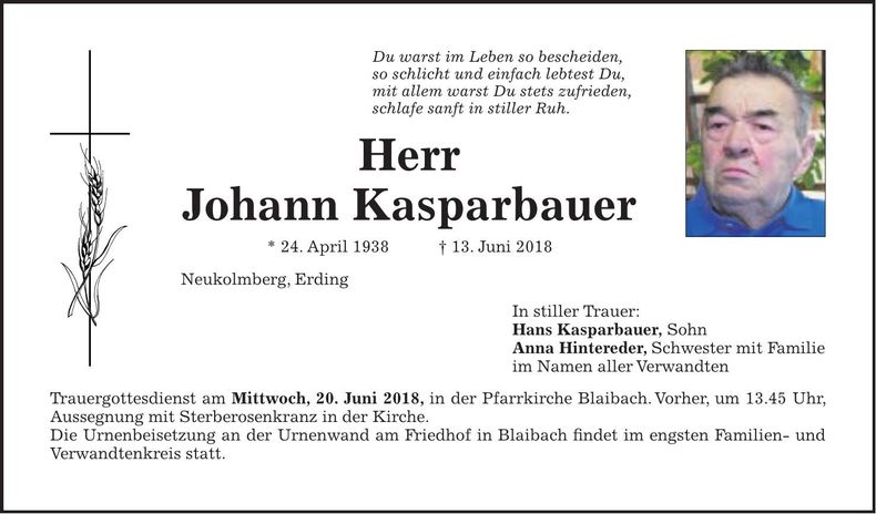 Traueranzeige Johann Kasparbauer