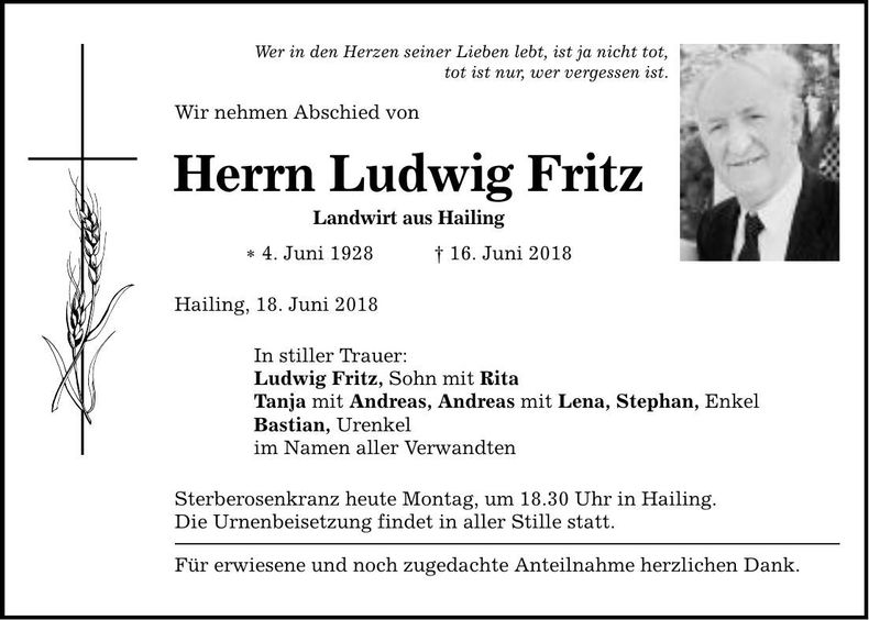 Traueranzeige Ludwig Fritz