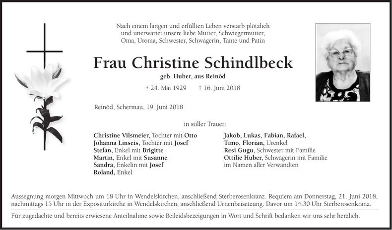 Traueranzeige Christine Schindlbeck