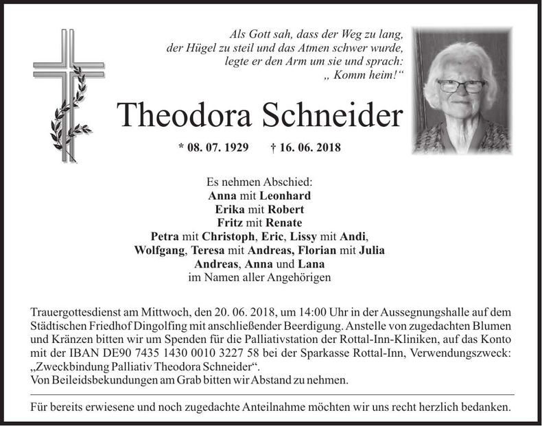 Traueranzeige Theodora Schneider
