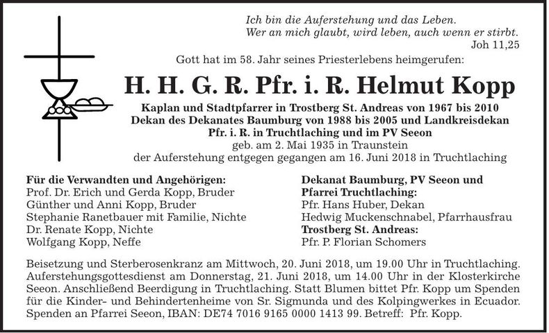 Traueranzeige H.H. G.R. Pfr. i. R. Helmut Kopp