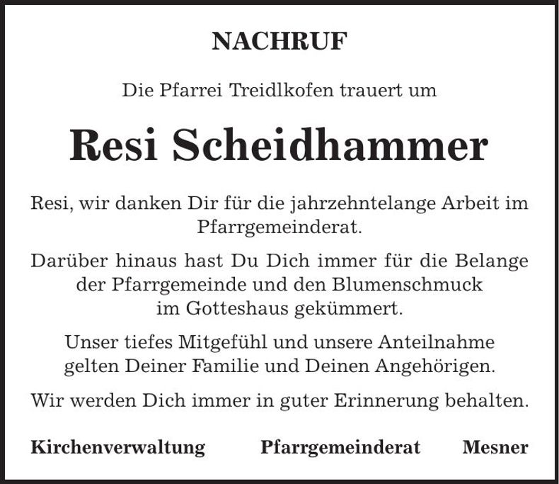 Traueranzeige Resi Scheidhammer