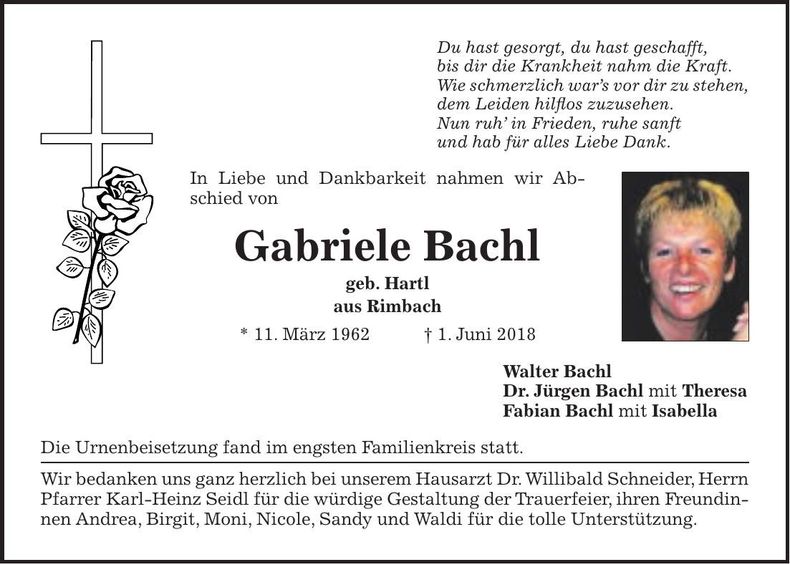 Traueranzeige Gabriele Bachl