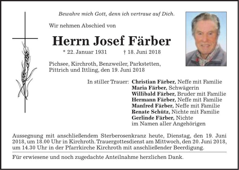 Traueranzeige Josef Färber