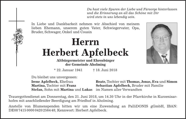 Traueranzeige Herbert Apfelbeck