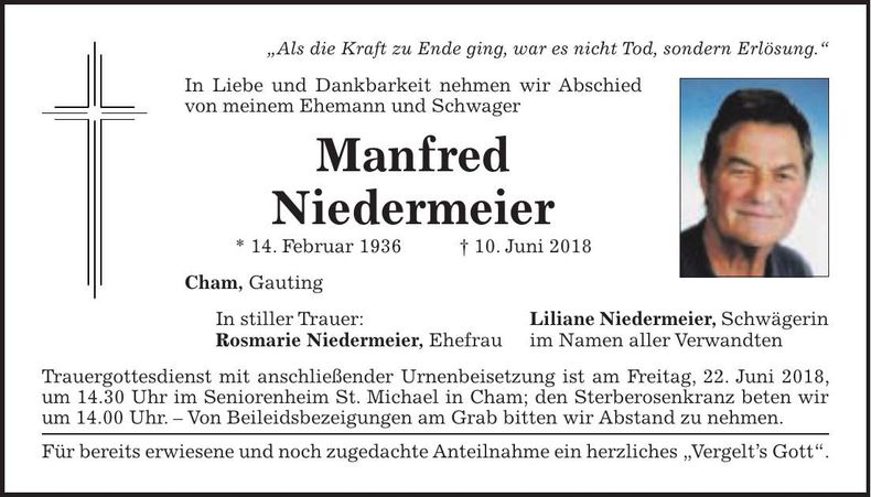 Traueranzeige Manfred Niedermeier
