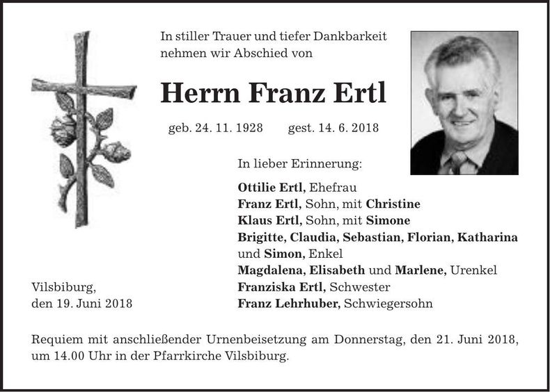 Traueranzeige Franz Ertl