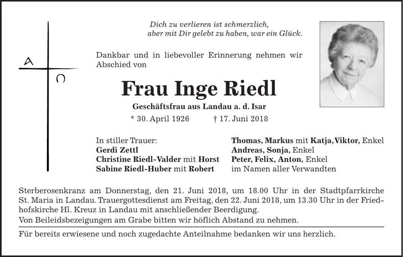Traueranzeige Inge Riedl