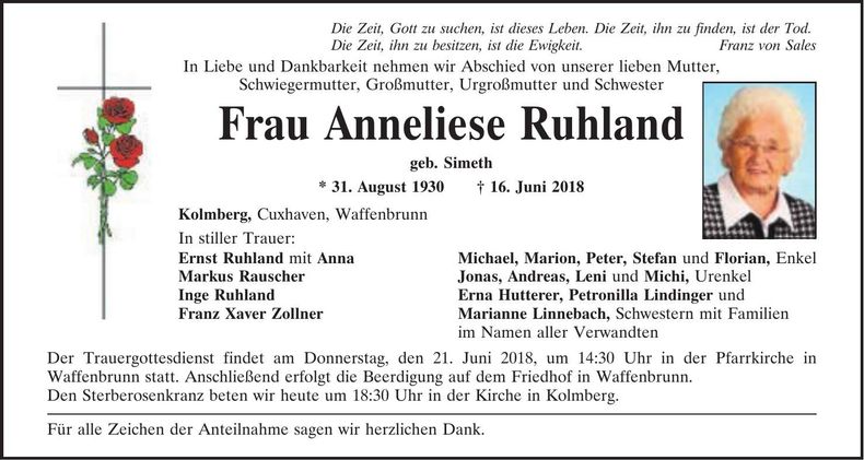 Traueranzeige Anneliese Ruhland