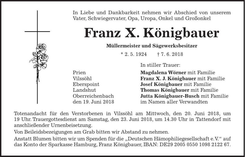 Traueranzeige Franz Königbauer