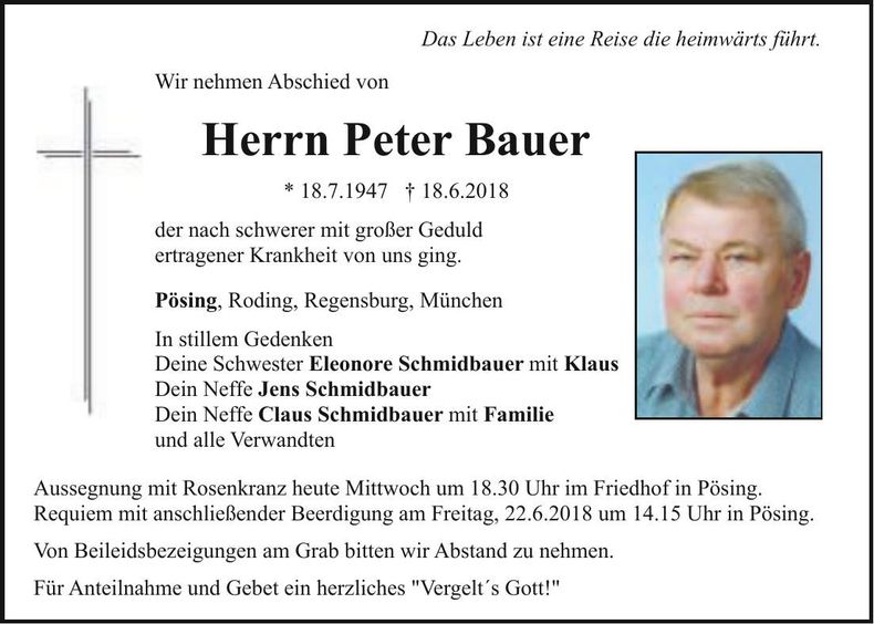 Traueranzeige Peter Bauer