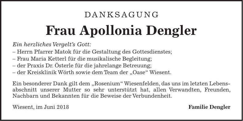 Traueranzeige Apollonia Dengler