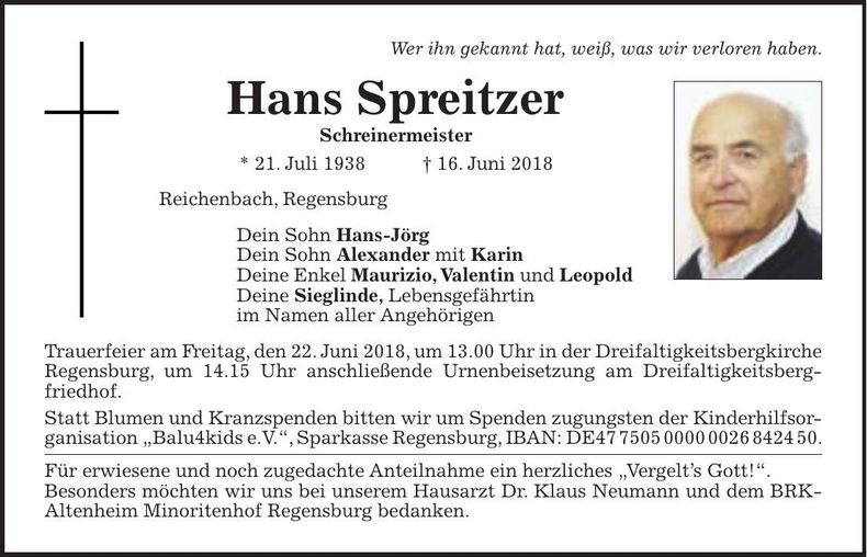 Traueranzeige Hans Spreitzer