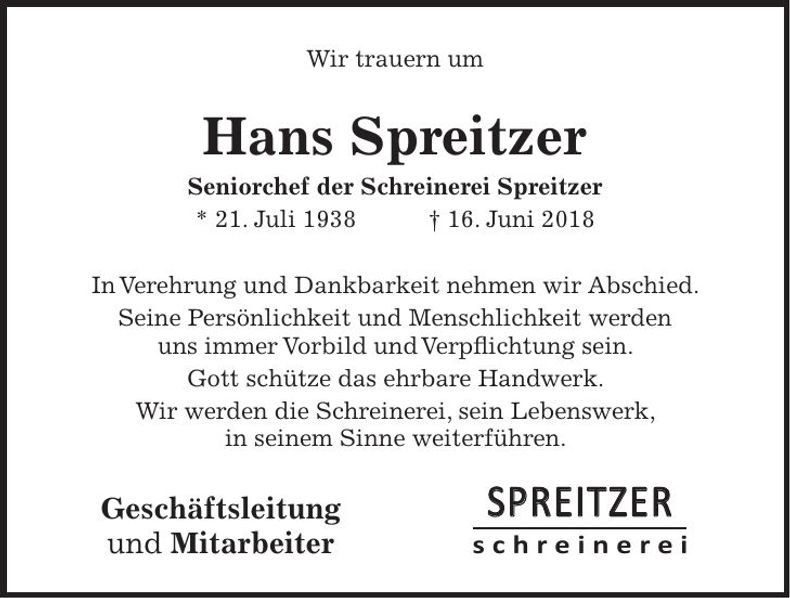 Traueranzeige Hans Spreitzer