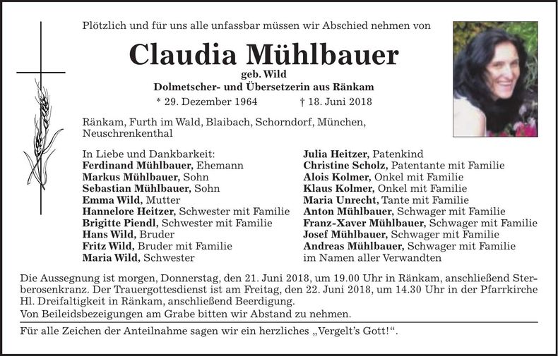 Traueranzeige Claudia Mühlbauer