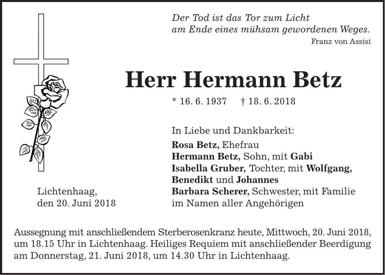 Traueranzeige Hermann Betz