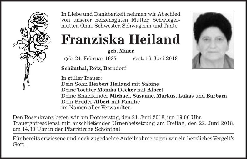 Traueranzeige Franzisa Heiland
