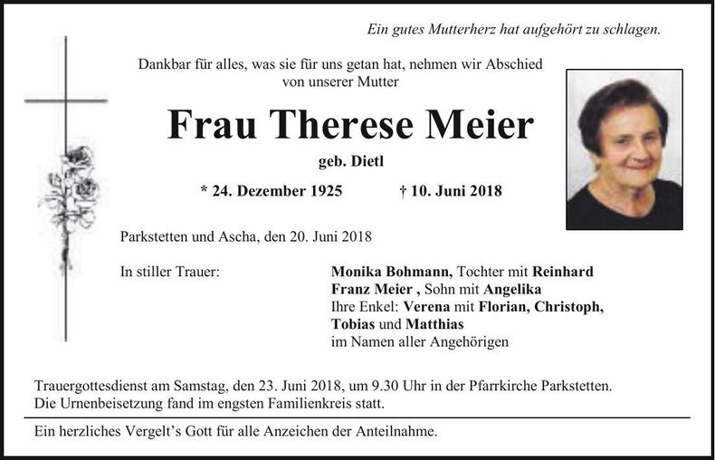 Traueranzeige Therese Meier