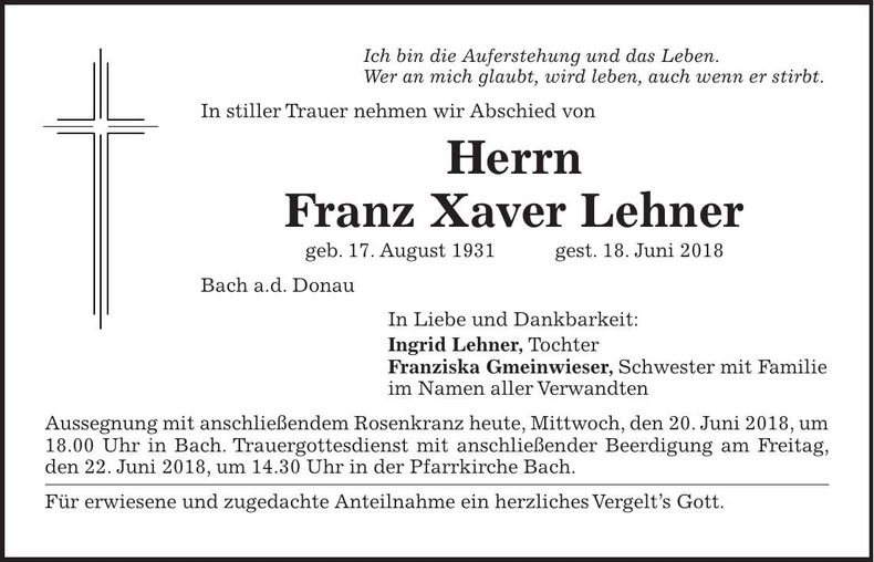 Traueranzeige Franz-Xaver Lehner