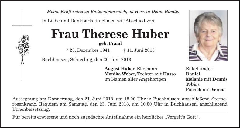 Traueranzeige Therese Huber