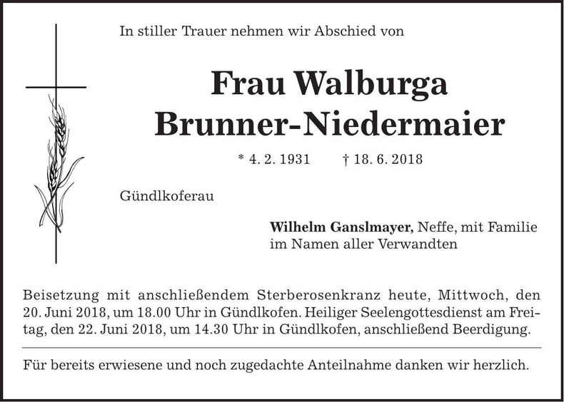 Traueranzeige Walburga Brunner-Niedermaier