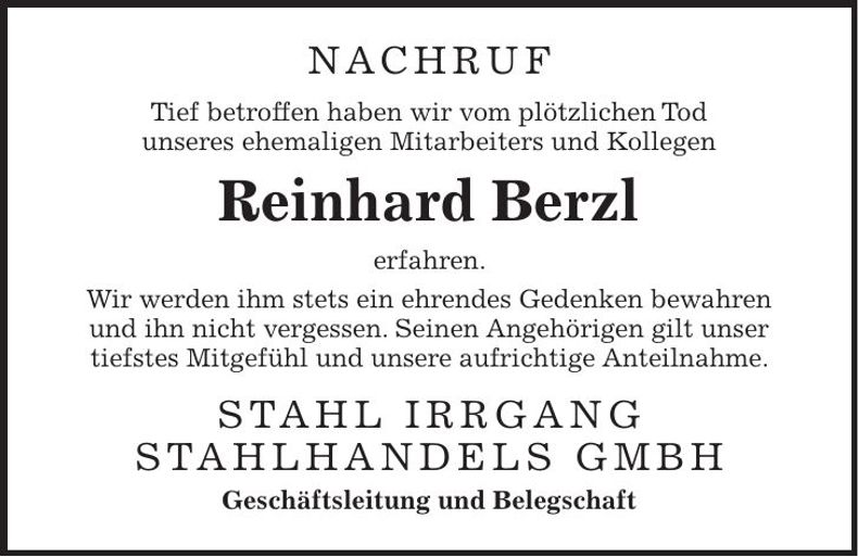 Traueranzeige Reinhard Berzl