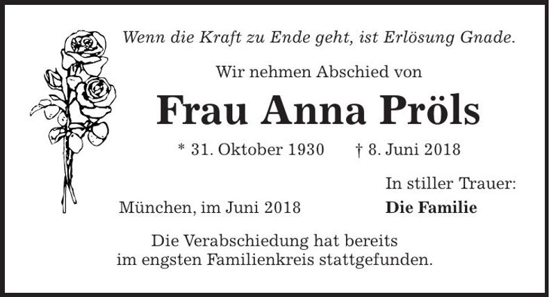 Traueranzeige Anna Pröls