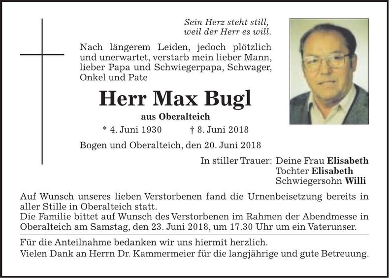 Traueranzeige Max Bugl