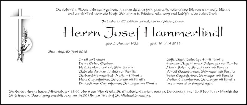 Traueranzeige Josef Hammerlindl