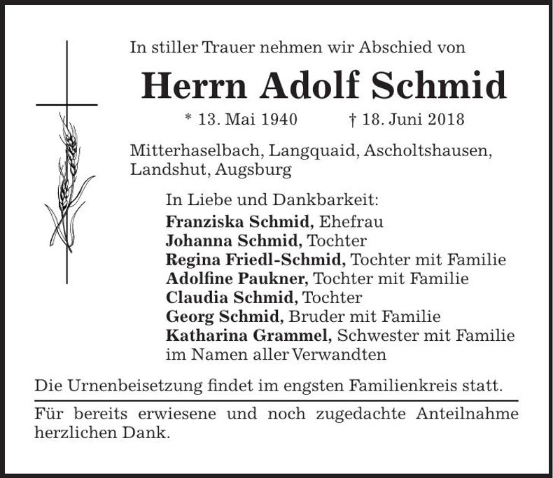 Traueranzeige Adolf Schmid