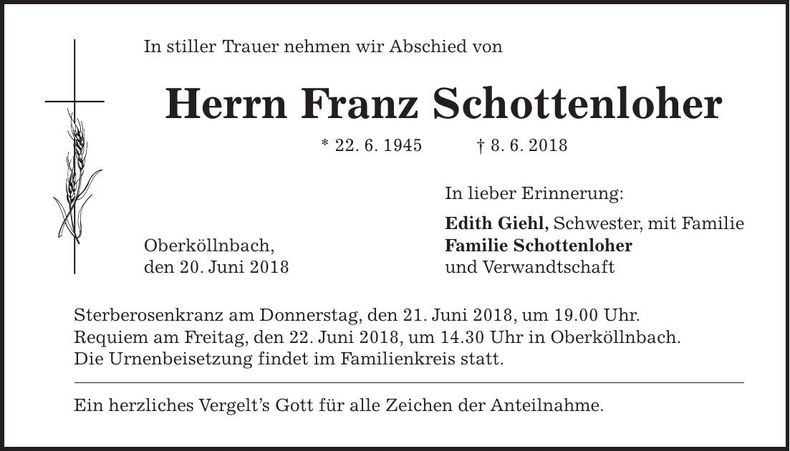 Traueranzeige Franz Schottenloher