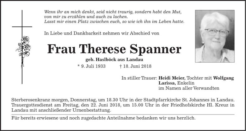 Traueranzeige Therese Spanner