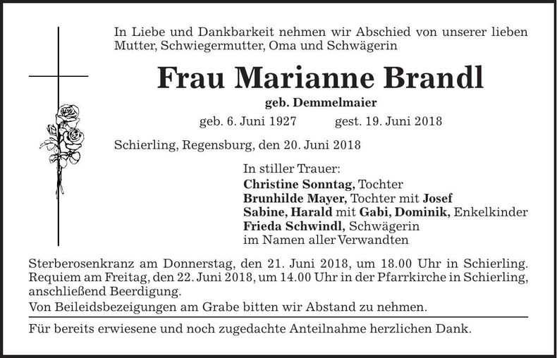 Traueranzeige Marianne Brandl