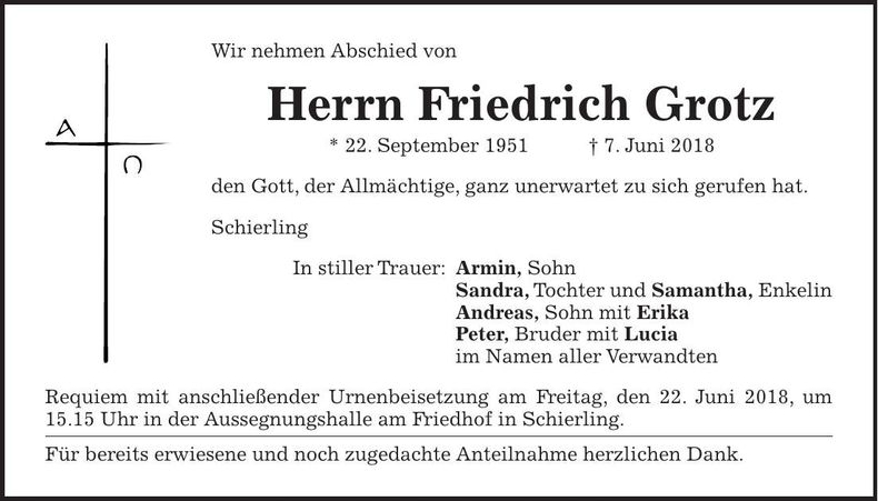 Traueranzeige Friedrich Grotz