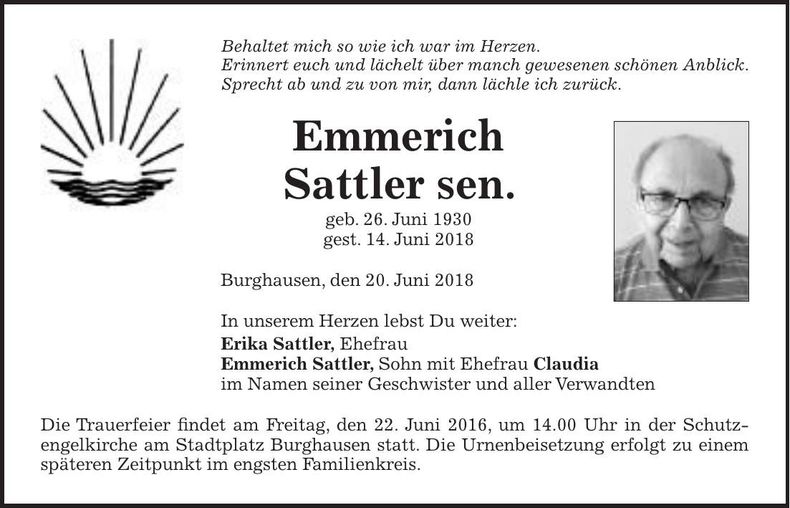 Traueranzeige Emmerich Sattler