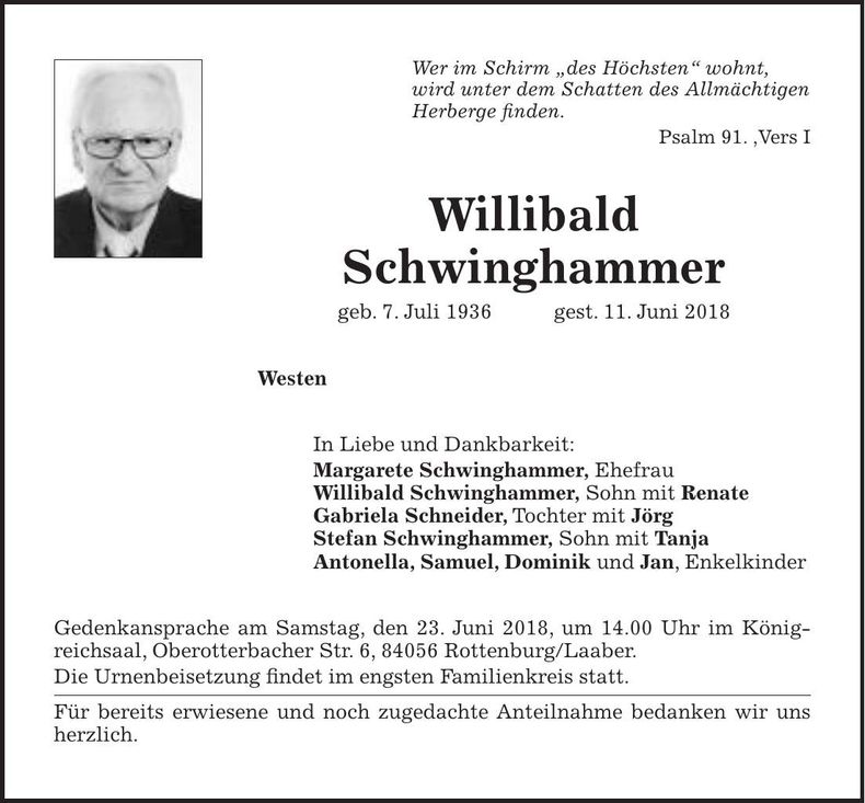 Traueranzeige Willibald Schwinghammer