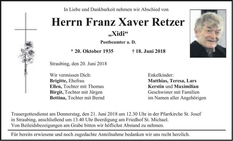 Traueranzeige Franz Xaver Retzer