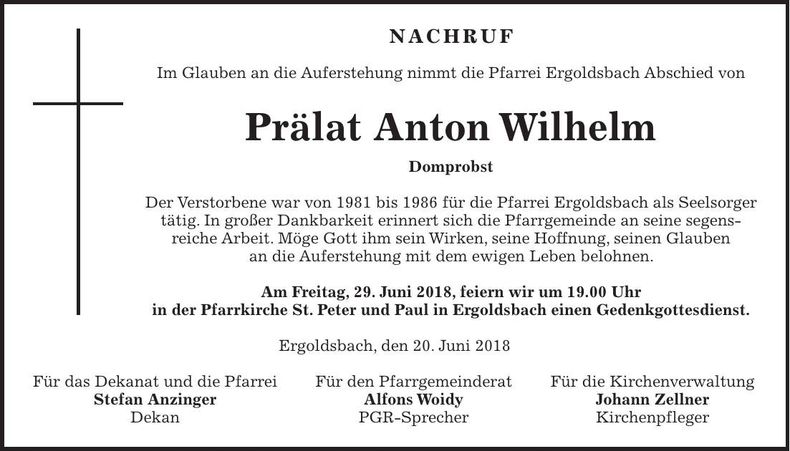 Traueranzeige Anton Wilhelm