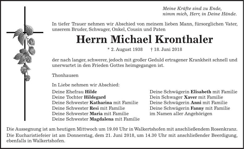 Traueranzeige Michael Kronthaler