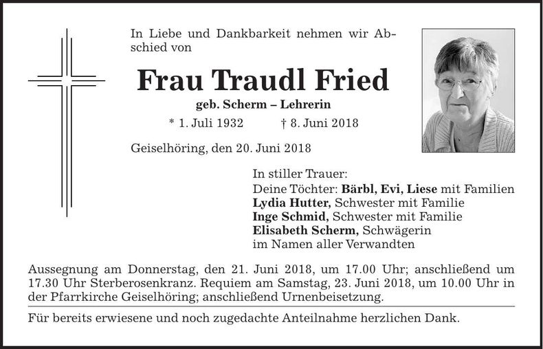 Traueranzeige Traudl Fried