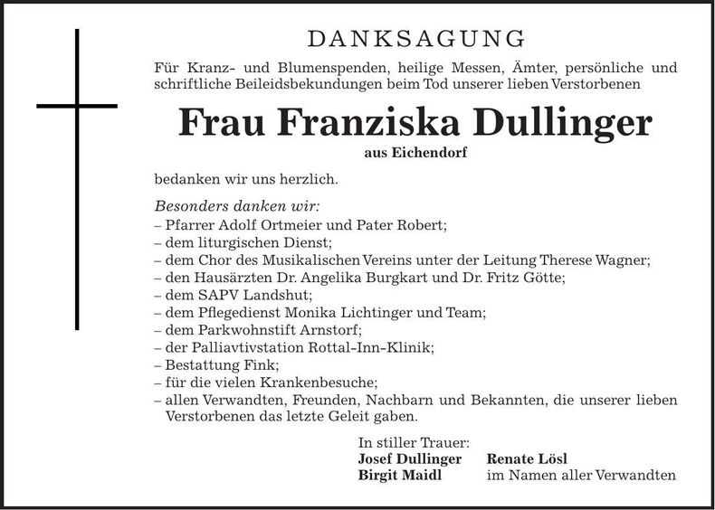 Traueranzeige Franziska Dullinger