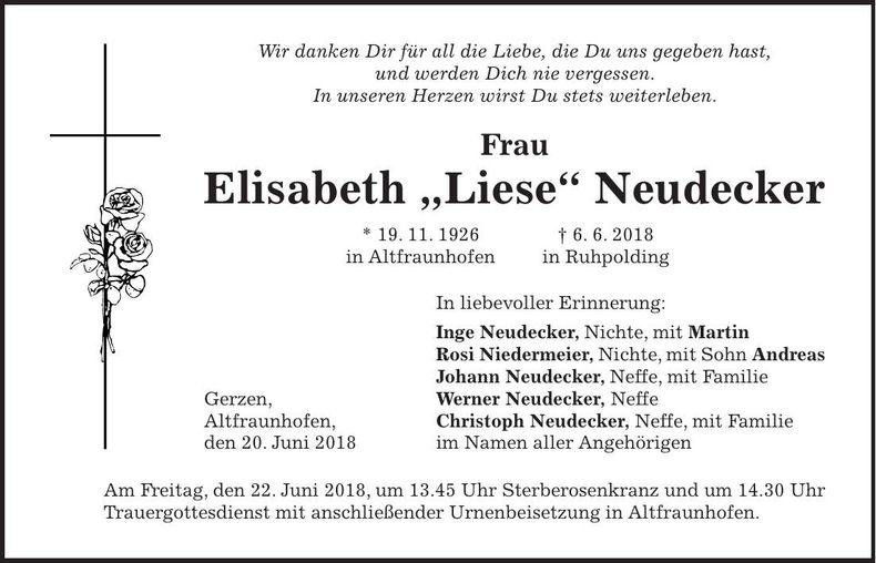 Traueranzeige Elisabeth Neudecker