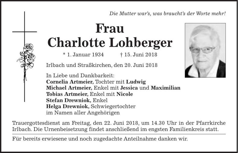 Traueranzeige Charlotte Lohberger
