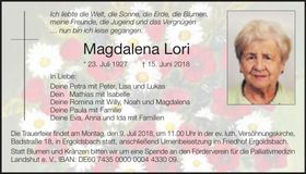 Traueranzeige Magdalena Lori