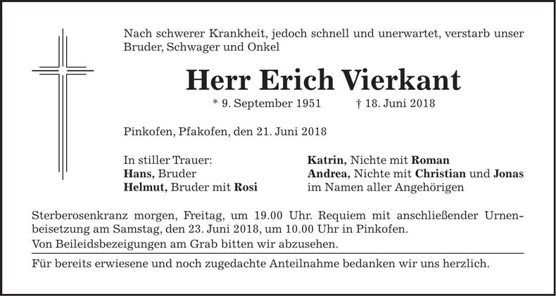 Traueranzeige Erich Vierkant