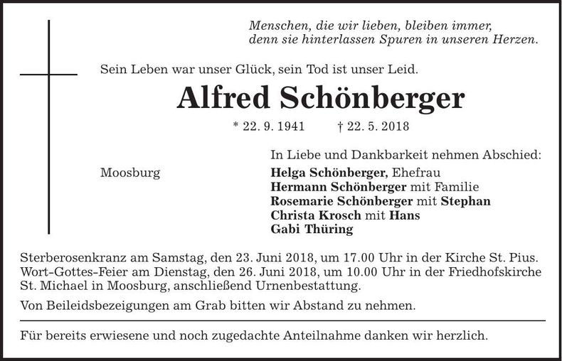 Traueranzeige Alfred Schönberger