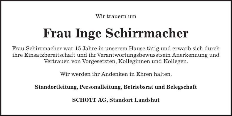 Traueranzeige Inge Schirrmacher