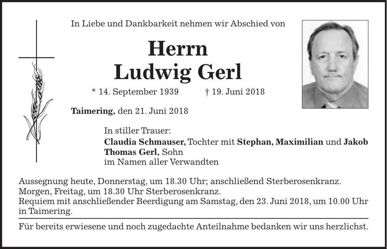 Traueranzeige Ludwig Gerl