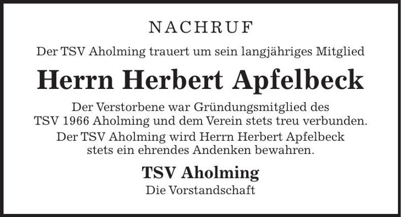 Traueranzeige Herbert Apfelbeck