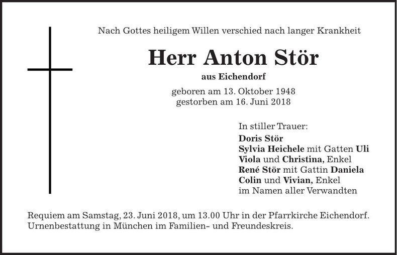 Traueranzeige Anton Stör